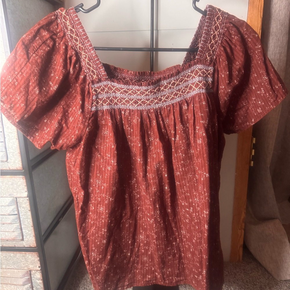 Women's Rust Smocked Square-Neck Peasant Top boho summer